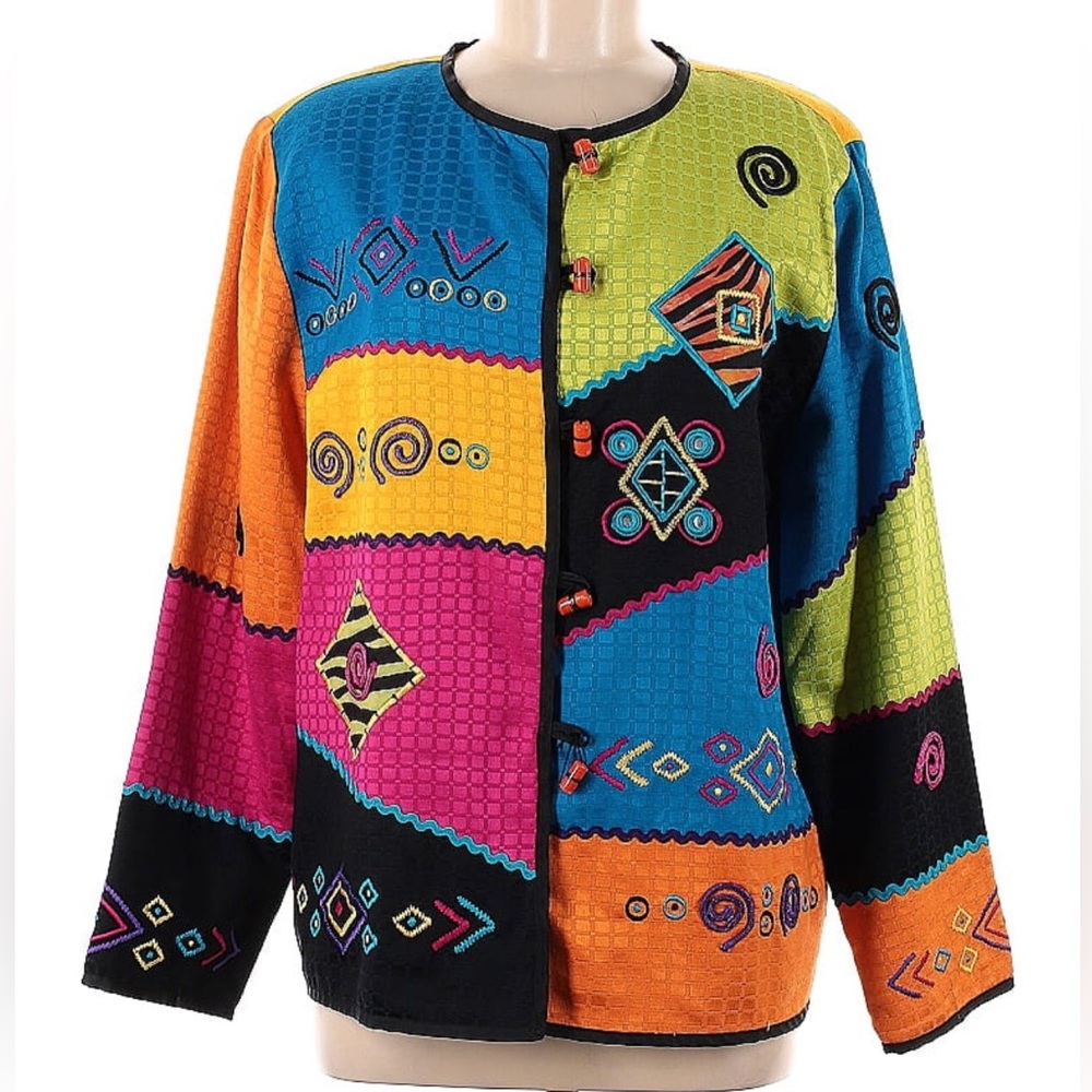 Julia Ku Colorful Blazer Jacket Vibrant Applique Quilted Embroidered size M
